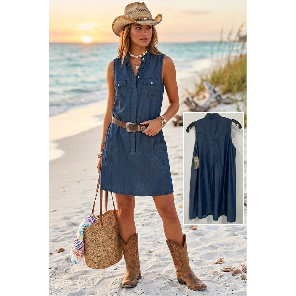 NWT Hope Harlow Denim Chambray Dress 4P Sleeveless Coastal Cowgirl Western Boho